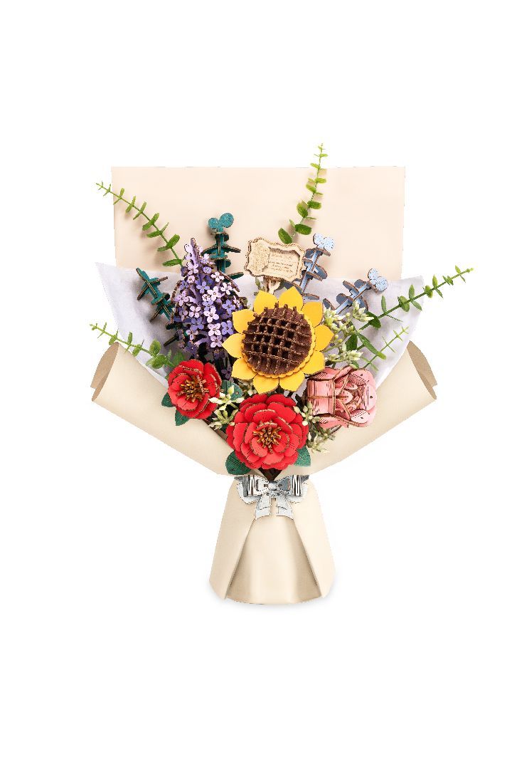 Rowood Wooden Flower Bouquet(Including Sunflower, Lilac, Red Camellia, and Pink Rose)