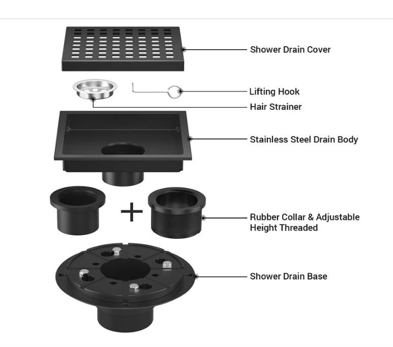 6" SQUARE BLACK SHOWER DRAIN WITH FLANGE