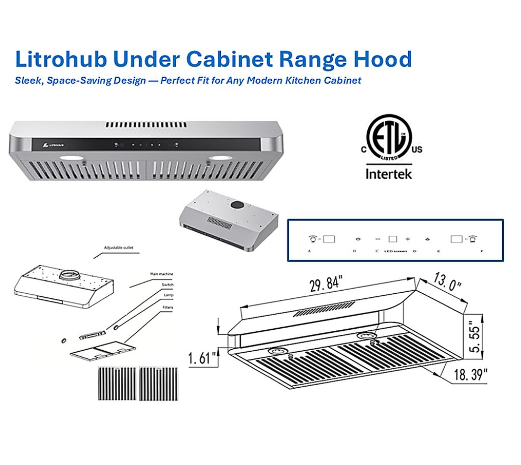 Litrohub Kitchen Range Hood AAA-H631-30-T Undercabinet 30" 750 CFM Stainless Steel