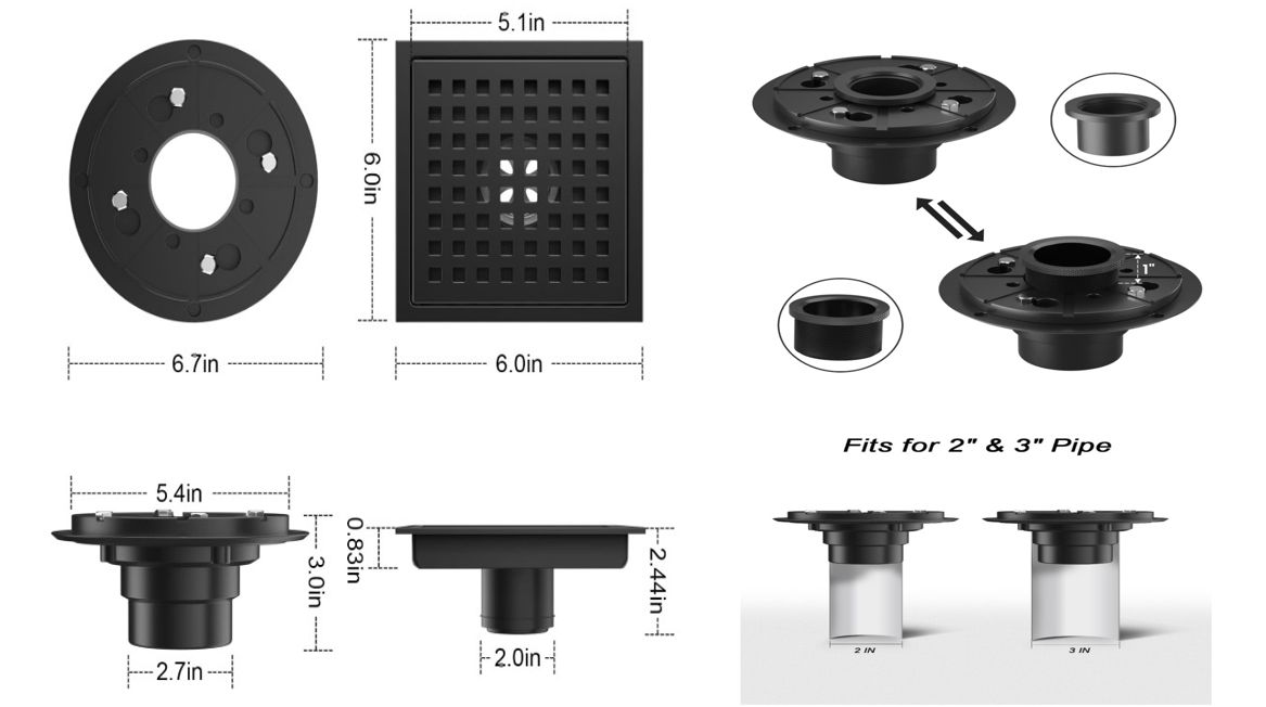 6" SQUARE BLACK SHOWER DRAIN WITH FLANGE