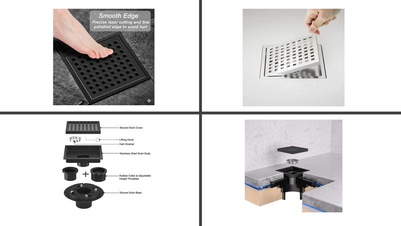 6&quot; SQUARE BLACK SHOWER DRAIN WITH FLANGE