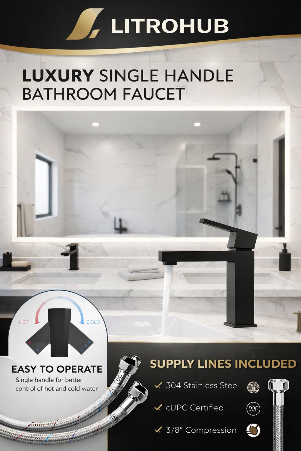 Litrohub SQ180 Matt Black Bathroom Faucet – Single Hole, Modern Design