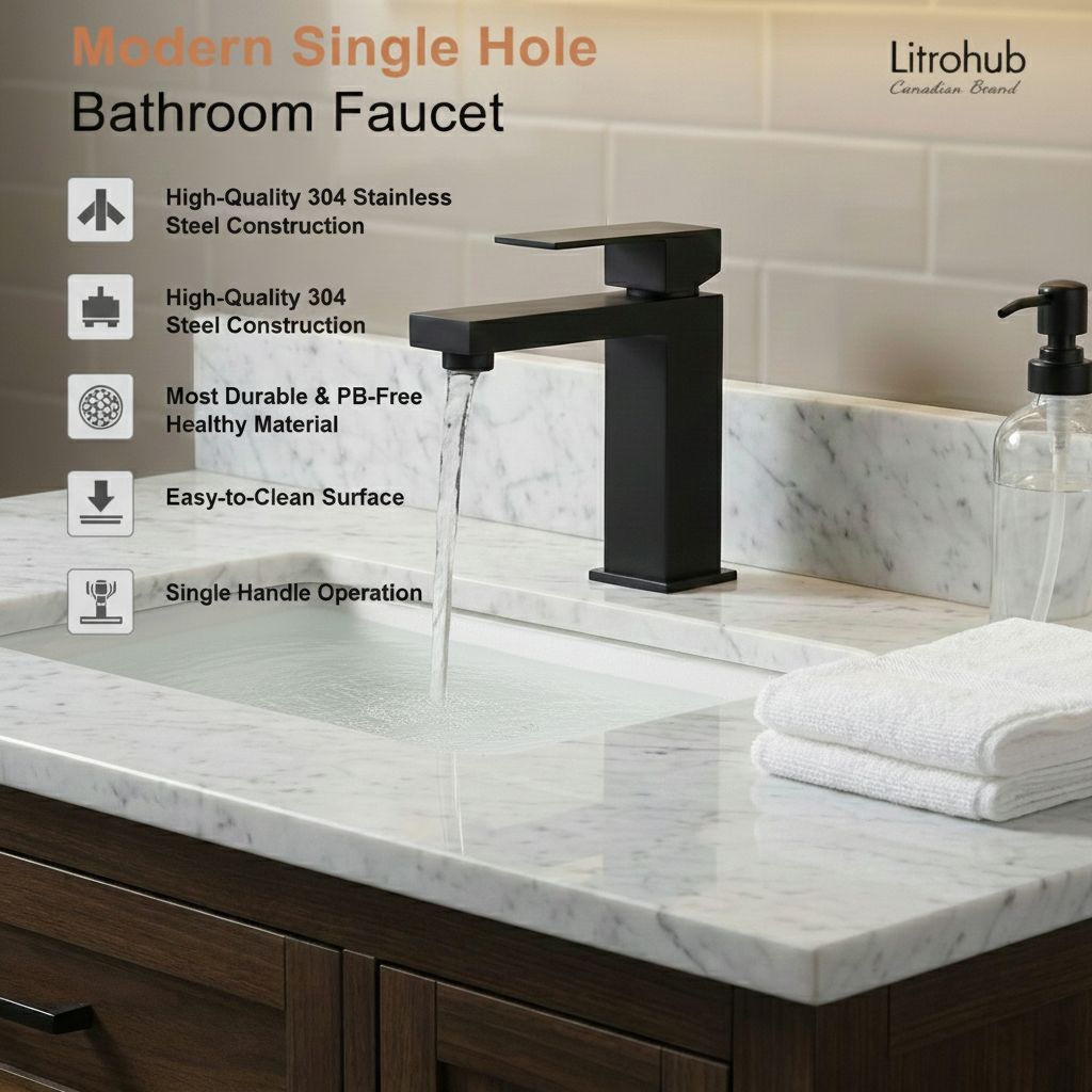 Litrohub SQ180 Matt Black Bathroom Faucet – Single Hole, Modern Design