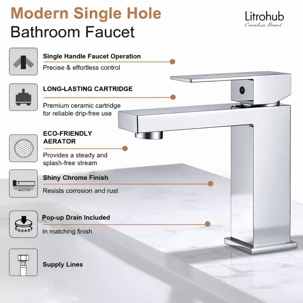 Litrohub SQ180 Chrome Bathroom Faucet – Single Hole, Modern Design