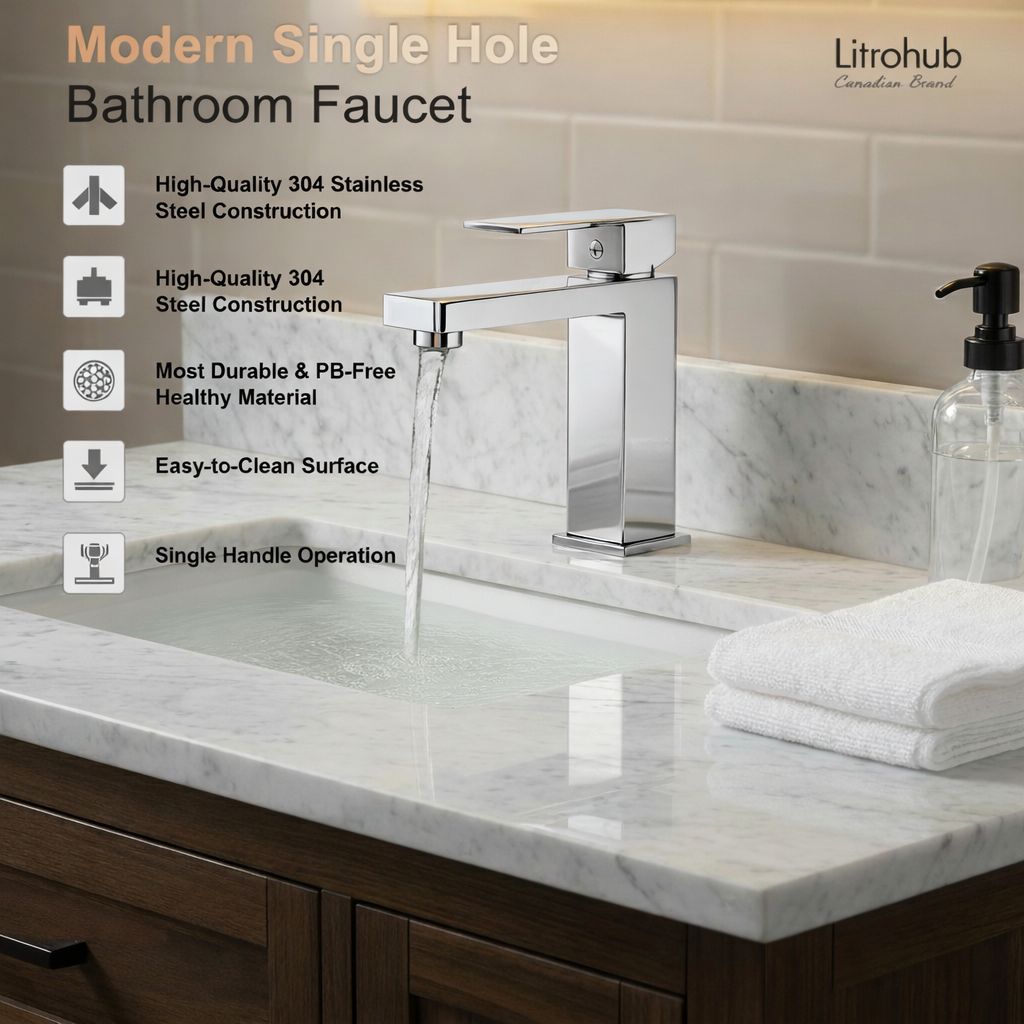 Litrohub SQ180 Chrome Bathroom Faucet – Single Hole, Modern Design