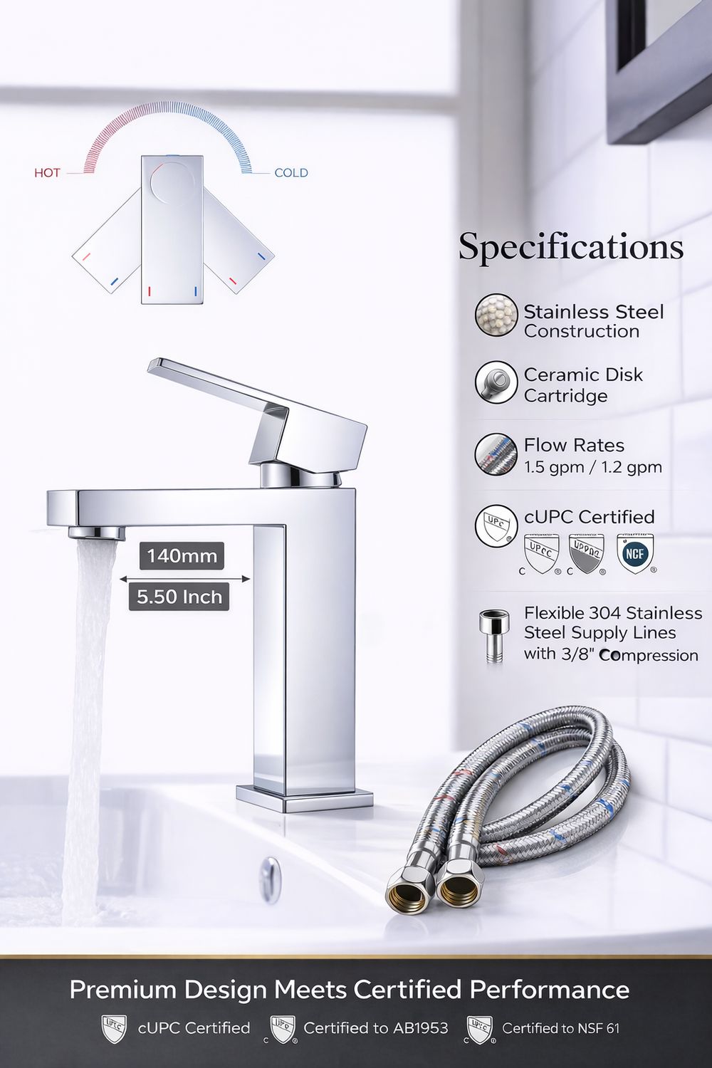 Litrohub SQ180 Chrome Bathroom Faucet – Single Hole, Modern Design