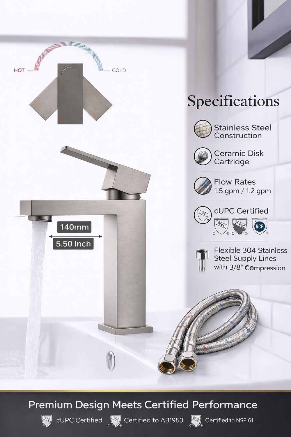 Litrohub SQ180 Brushed Nickle/Satin Bathroom Faucet – Single Hole, Modern Design