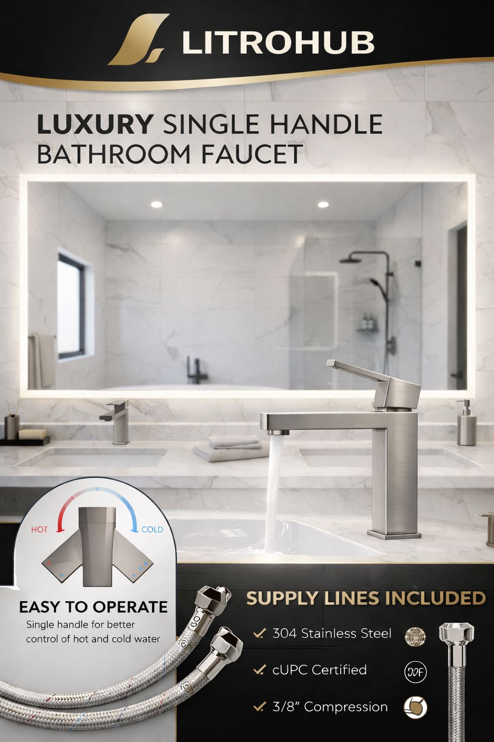 Litrohub SQ180 Brushed Nickle/Satin Bathroom Faucet – Single Hole, Modern Design