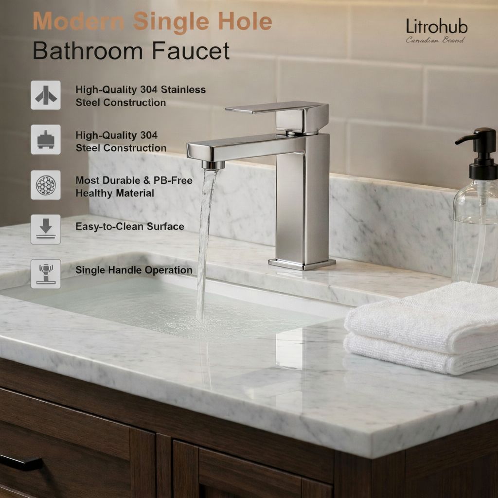 Litrohub SQ180 Brushed Nickle/Satin Bathroom Faucet – Single Hole, Modern Design