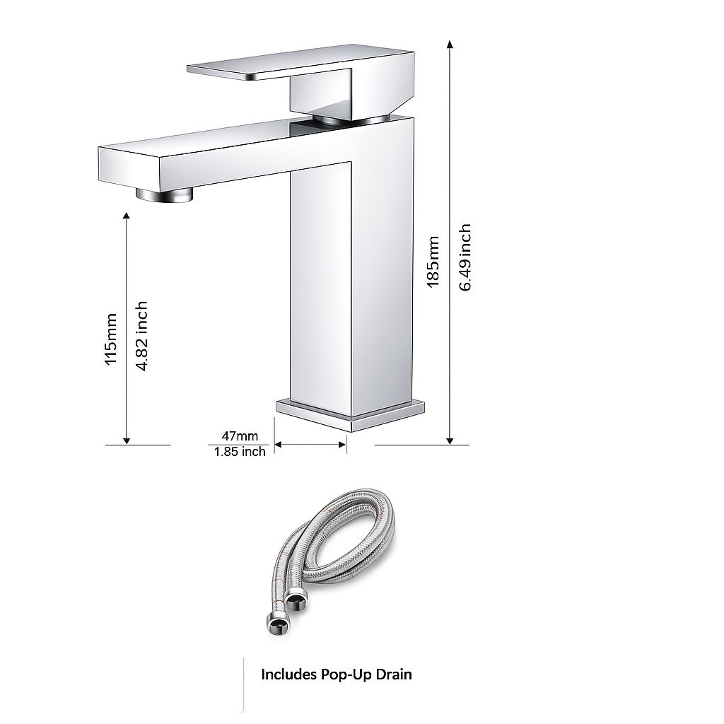 Litrohub SQ180 Chrome Bathroom Faucet – Single Hole, Modern Design