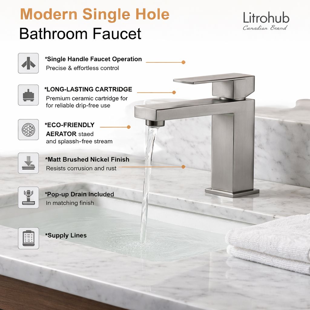 Litrohub SQ180 Brushed Nickle/Satin Bathroom Faucet – Single Hole, Modern Design