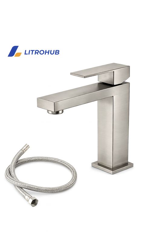 Litrohub SQ180 Brushed Nickle/Satin Bathroom Faucet – Single Hole, Modern Design
