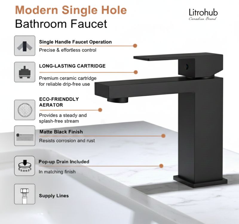 Litrohub SQ180 Matt Black Bathroom Faucet – Single Hole, Modern Design