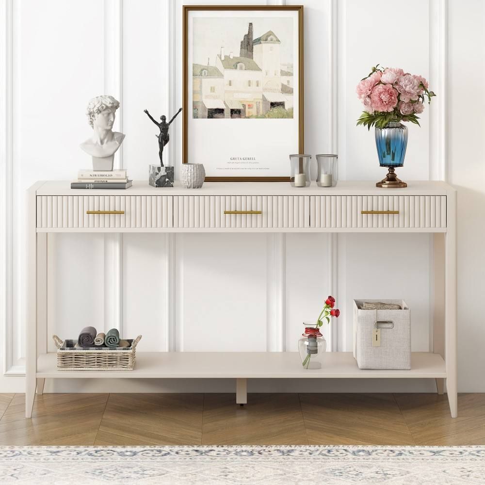 Modern Accent Painted Solid Wood Console Table with 3 Drawers Storage Shelves for Living Room Entryway Hallway