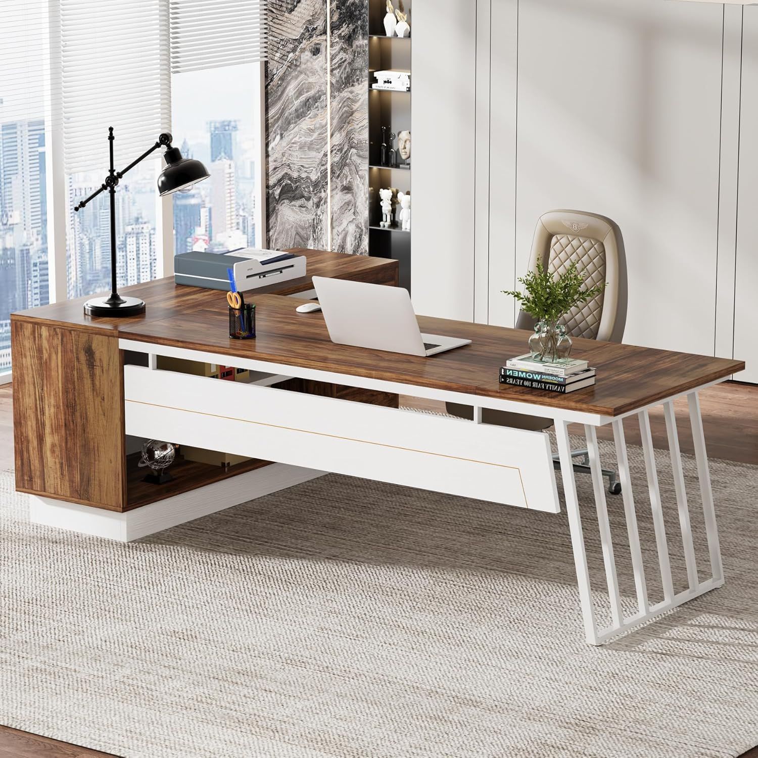 Tribesigns 71-Inch Executive Desk, L-Shaped Desk with Cabinet