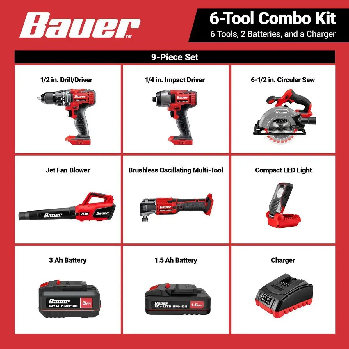 BAUER 20V Cordless, 6-Tool Combo Kit with 3 Ah Battery, 1.5 Ah Battery, and Charge BAUER 20V Cordless, 6-Tool Combo Kit with 3 Ah Battery, 1.5 Ah Battery, and Charge