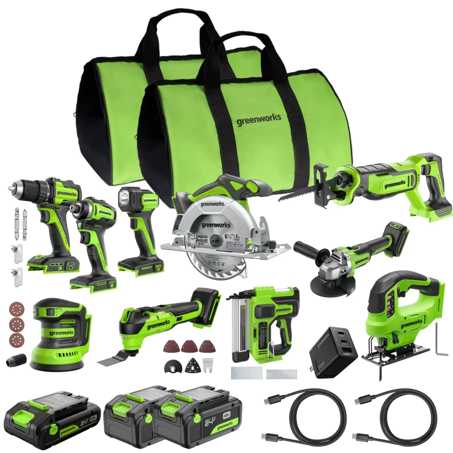 24V Brushless Power Tool 10PC Combo Kit w/ (2) 4.0Ah & (1) 2.0Ah USB-C Batteries and Charger