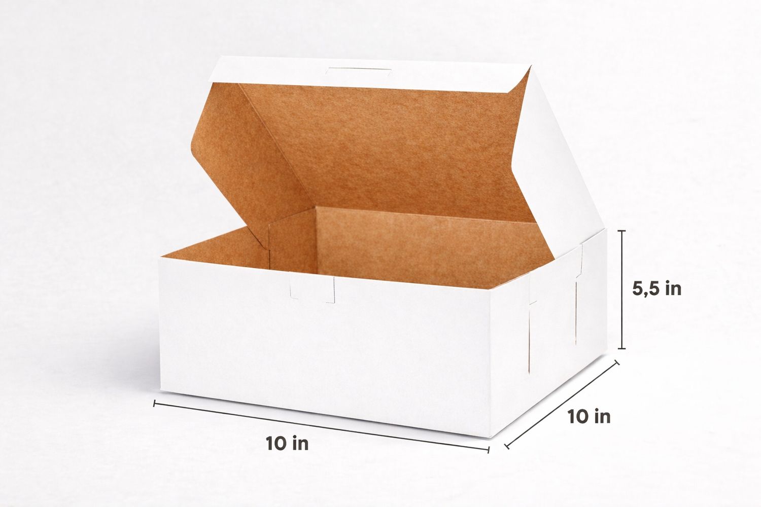 White bakery box measuring 10 × 10 × 5.5 inches