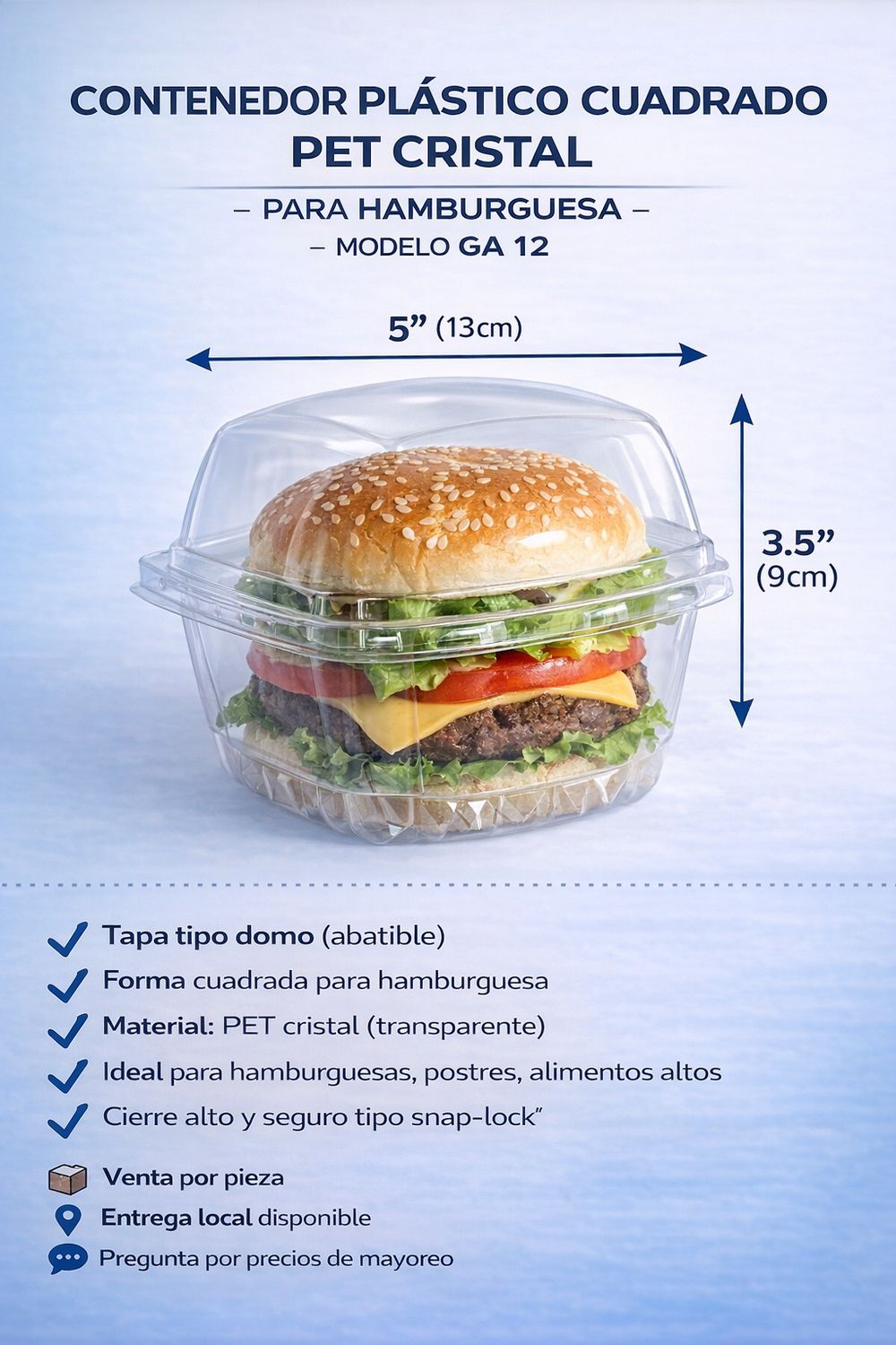 Square Clear PET Plastic Container for Burgers – GA 12 Model (5” x 3.5”)