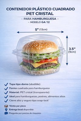 Square Clear PET Plastic Container for Burgers – GA 12 Model (5” x 3.5”)