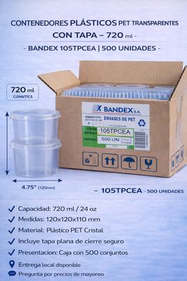 Clear PET Plastic Containers with Lid – 720 ml | BANDEX 105TPCEA (500 Units)