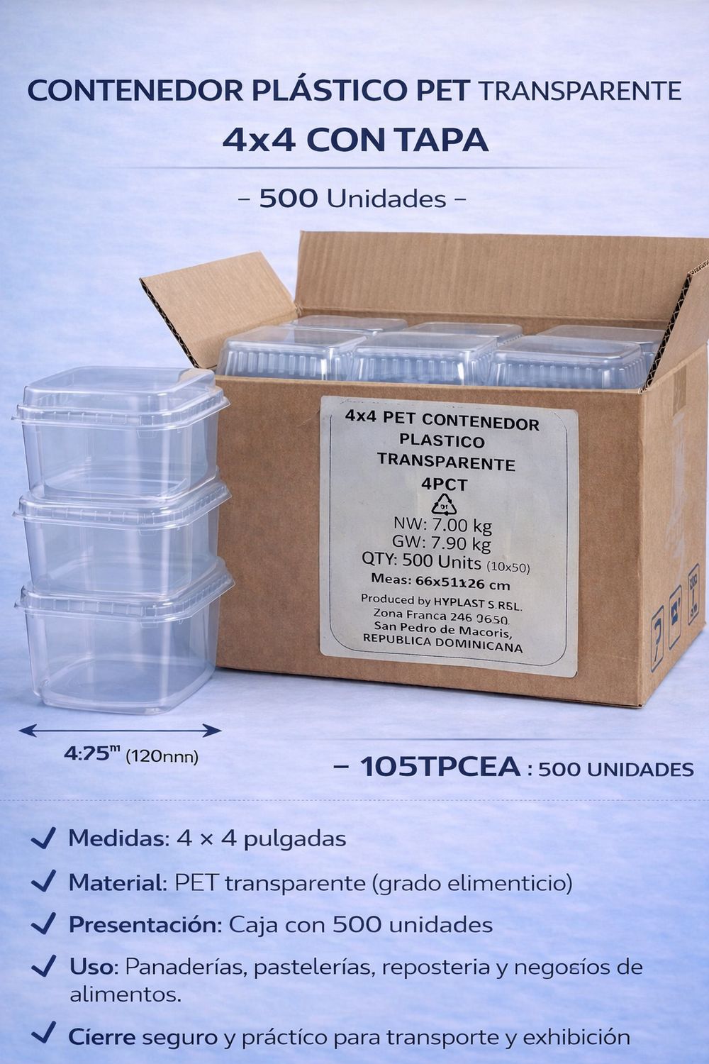 Clear PET Plastic 4×4 Container with Lid – Case of 500 Units