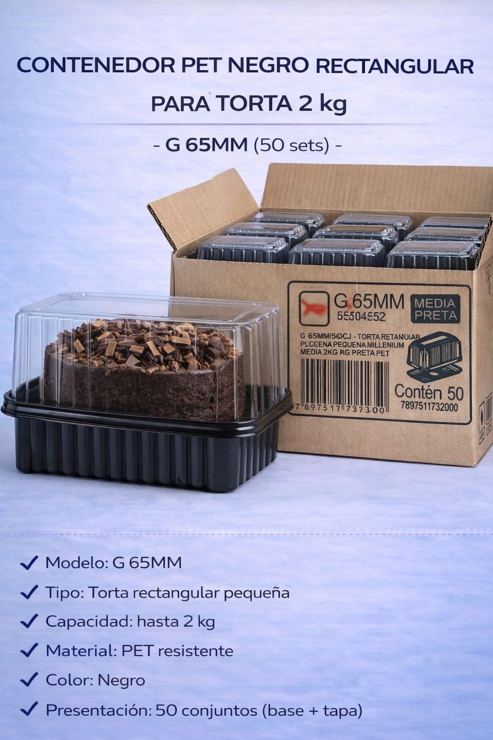 Black Rectangular PET Cake Container up to 2 kg – Model G65MM