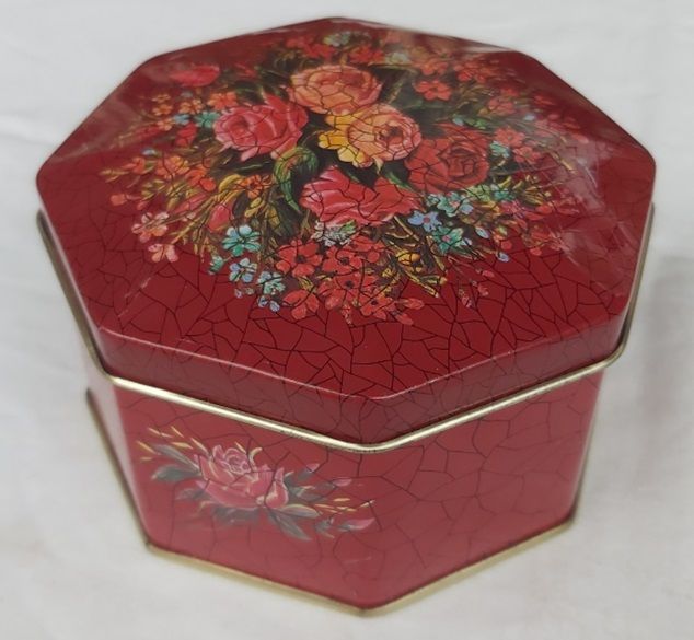 Scatola Latta Tin Box Bouquet Fiori Fondo Effetto Crackle Marmorizzato Ottagonale