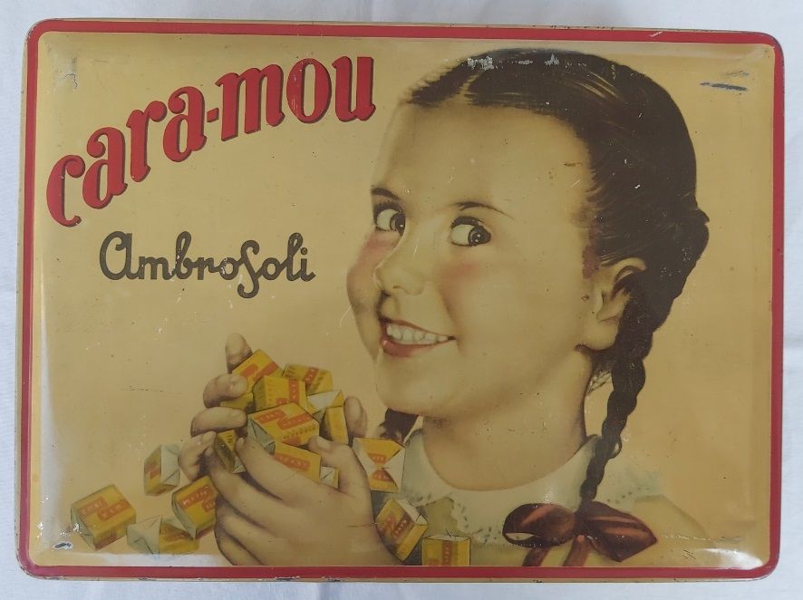 Scatola Latta Tin Box Caramelle Ambrosoli Cara-Mou Ronago Inizi Anni ‘50 Vintage