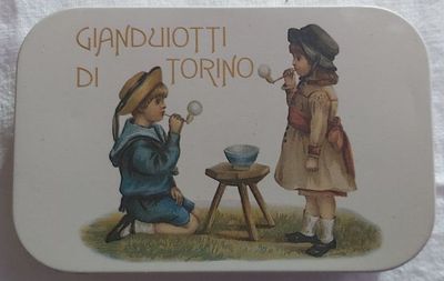 Scatola Latta Tin Box Gianduiotti di Torino Bambini con Bolle di Sapone Vintage Scatola Latta Tin Box Gianduiotti di Torino Bambini con Bolle di Sapone Vintage