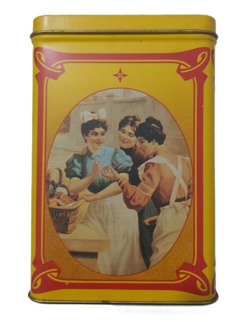Scatola Latta Tin Box Maggi Gialla Tre Fanciulle con Cestino Scatola Latta Tin Box Maggi Gialla Tre Fanciulle con Cestino