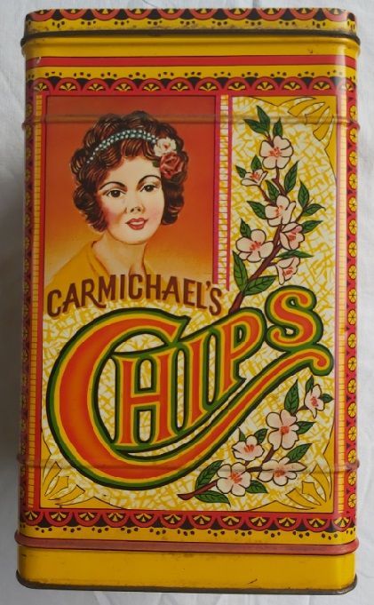 Scatola Latta Tin Box Vintage Carmichael's Chips Anni ’80 2 Cerniere Scatola Latta Tin Box Vintage Carmichael's Chips Anni ’80 2 Cerniere