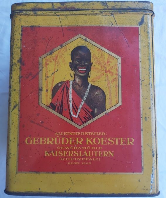 Scatola Latta Tin Box Spezie Macinate Muscalla Tucano e Uomo di Colore Scatola Latta Tin Box Spezie Macinate Muscalla Tucano e Uomo di Colore