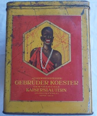 Scatola Latta Tin Box Spezie Macinate Muscalla Tucano e Uomo di Colore Scatola Latta Tin Box Spezie Macinate Muscalla Tucano e Uomo di Colore