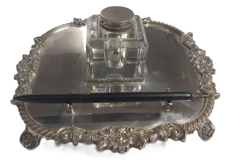 Set Scrivania Vintage Vassoio Poggia Stiloforo Calamaio Silver Plated