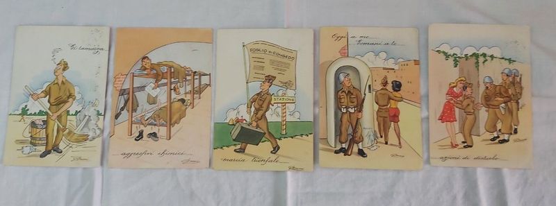 Serie Set 5 Cartoline Cartolina Umoristica Militare Fumetto Illustratore G. Brusoni Viaggiate