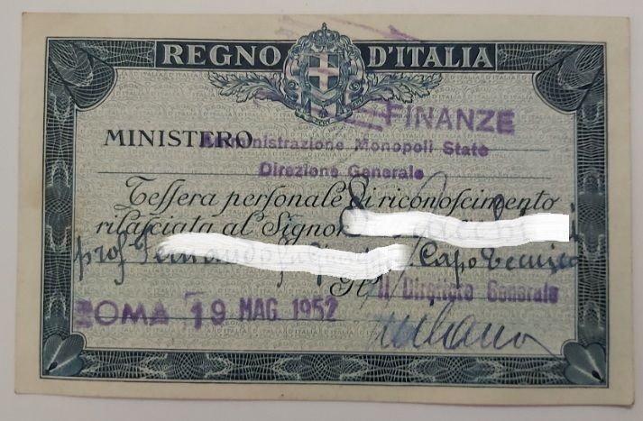 Tessera Regno D'Italia Ministero Finanze Amministrazione Monopoli di Stato 1952 Tessera Regno D'Italia Ministero Finanze Amministrazione Monopoli di Stato 1952