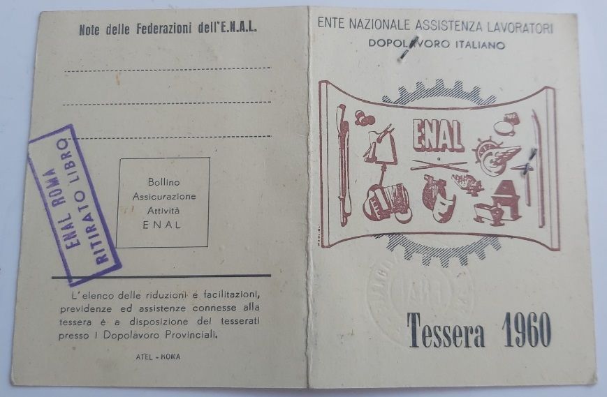 Tessera 1960 Federazione E.N.A.L. Ente Nazionale Assistenza Lavoratori Tessera 1960 Federazione E.N.A.L. Ente Nazionale Assistenza Lavoratori
