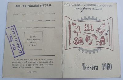Tessera 1960 Federazione E.N.A.L. Ente Nazionale Assistenza Lavoratori Tessera 1960 Federazione E.N.A.L. Ente Nazionale Assistenza Lavoratori