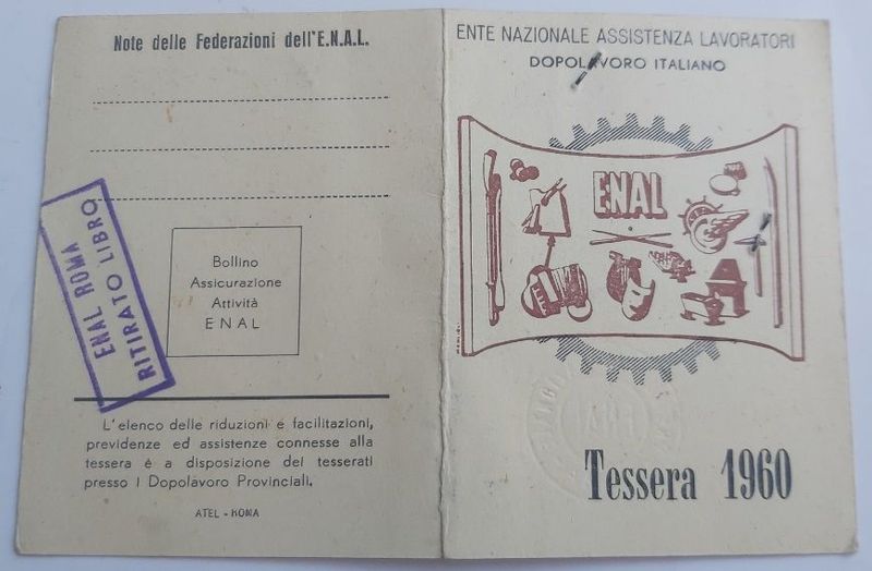 Tessera 1960 Federazione E.N.A.L. Ente Nazionale Assistenza Lavoratori