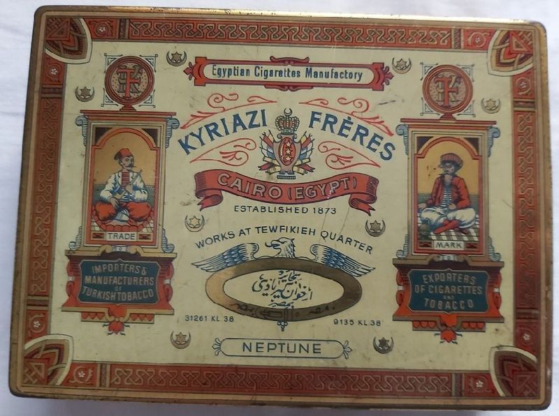 Tobacciana Scatola VUOTA Latta Tabacco Sigarette Kyriazi Frères Cairo Egypt Neptune
