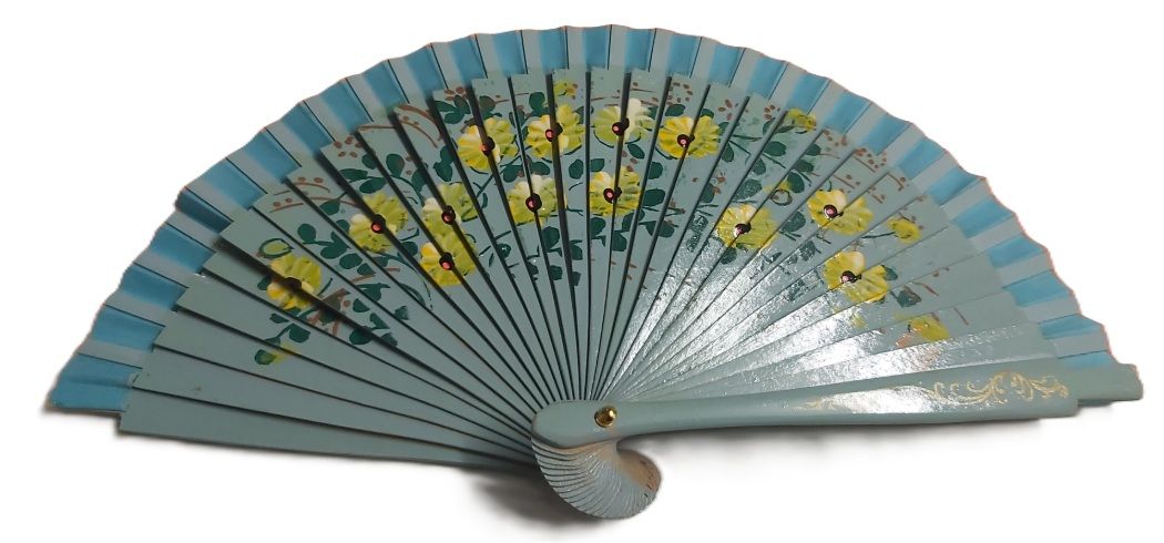 Ventaglio Borsetta Spagnolo Legno Decorato a Mano Bifacciale Fiori Gialli