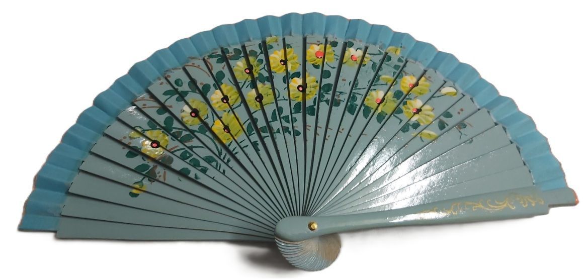 Ventaglio Borsetta Spagnolo Legno Decorato a Mano Bifacciale Fiori Gialli