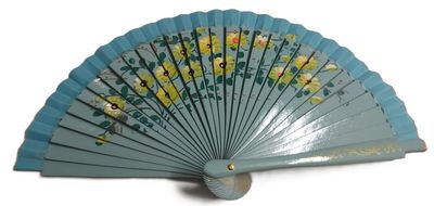 Ventaglio Borsetta Spagnolo Legno Decorato a Mano Bifacciale Fiori Gialli