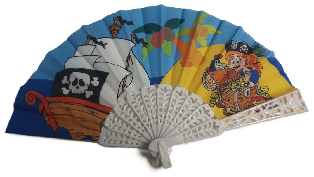 Ventaglio Mini Bambini Plastica Bianca Stoffa Disegno Pirata Galeone Ventaglio Mini Bambini Plastica Bianca Stoffa Disegno Pirata Galeone