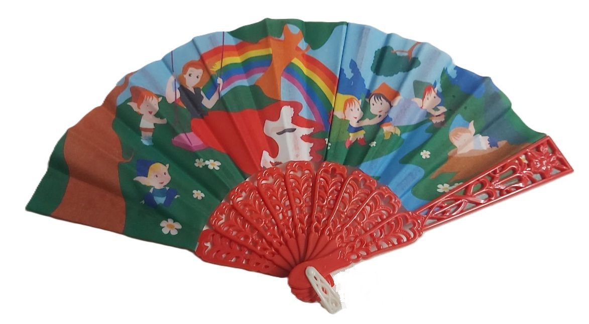 Ventaglio Mini Bambini Plastica Rossa Stoffa Disegno Arcobaleno Elfi Ventaglio Mini Bambini Plastica Rossa Stoffa Disegno Arcobaleno Elfi
