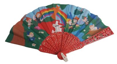 Ventaglio Mini Bambini Plastica Rossa Stoffa Disegno Arcobaleno Elfi Ventaglio Mini Bambini Plastica Rossa Stoffa Disegno Arcobaleno Elfi