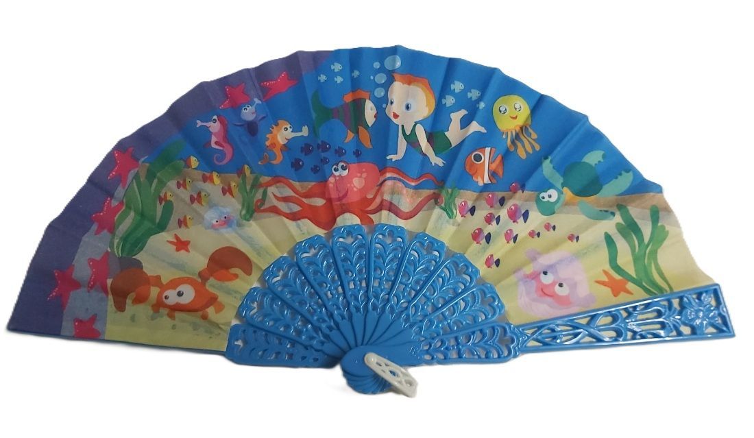 Ventaglio Mini Bambini Plastica Blu Stoffa Disegno Mondo Sottomarino Ventaglio Mini Bambini Plastica Blu Stoffa Disegno Mondo Sottomarino