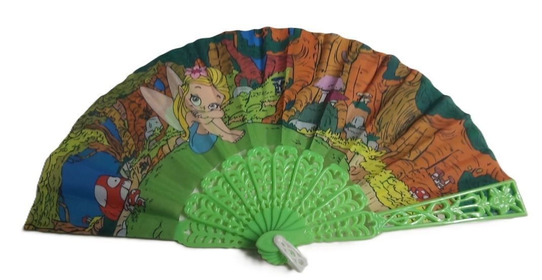 Ventaglio Mini Bambini Plastica Verde Stoffa Disegno Fatina nel Bosco Ventaglio Mini Bambini Plastica Verde Stoffa Disegno Fatina nel Bosco
