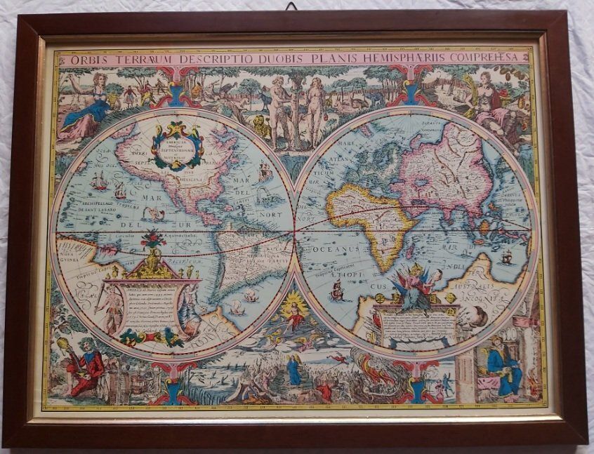 Quadro Cornice Legno Cartina Geografica Antica Doppio Emisfero Riproduzione di una Cartina del 1617 Quadro Cornice Legno Cartina Geografica Antica Doppio Emisfero Riproduzione di una Cartina del 1617